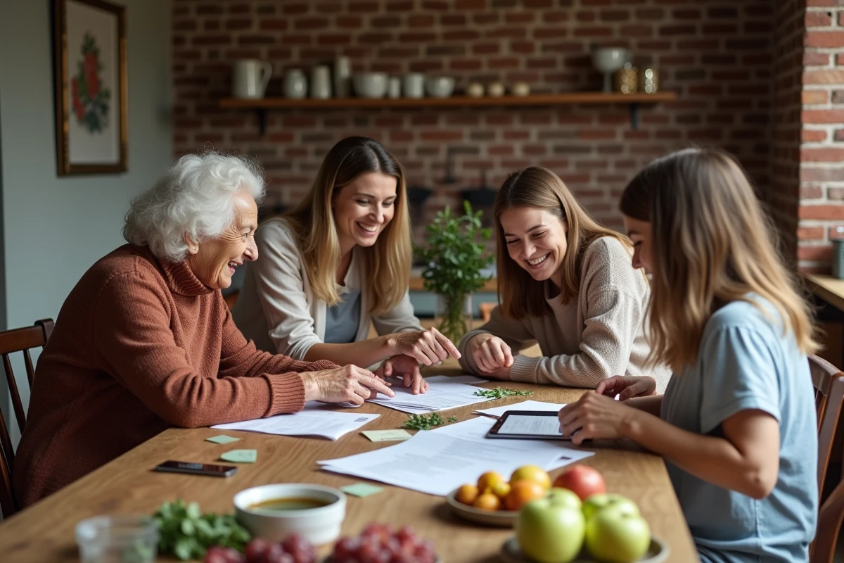Famille multigénérationnelle réunie autour d'une table pour organiser une liste de recettes irrésistibles ensemble