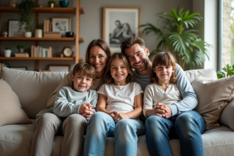 Famille melangee de cinq assise dans un salon moderne