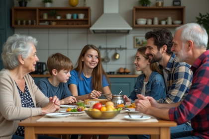 Famille multigenerations autour d'une table en cuisine moderne