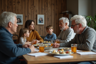 Famille multigenerations autour d'une table avec expressions de contemplation