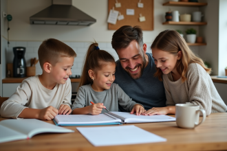 Famille de quatre autour d'une table de cuisine moderne