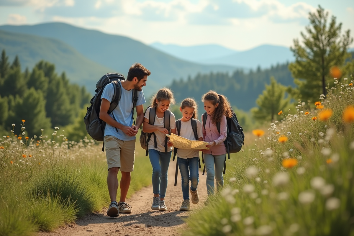 Famille explorant un sentier en pleine nature