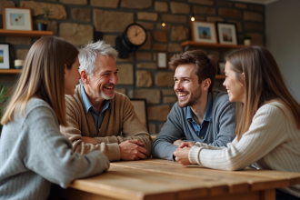 Famille de quatre autour d'une table en salon chaleureux