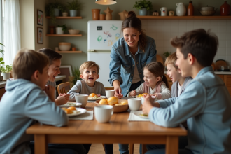 Famille nombreuse autour d'un petit déjeuner convivial