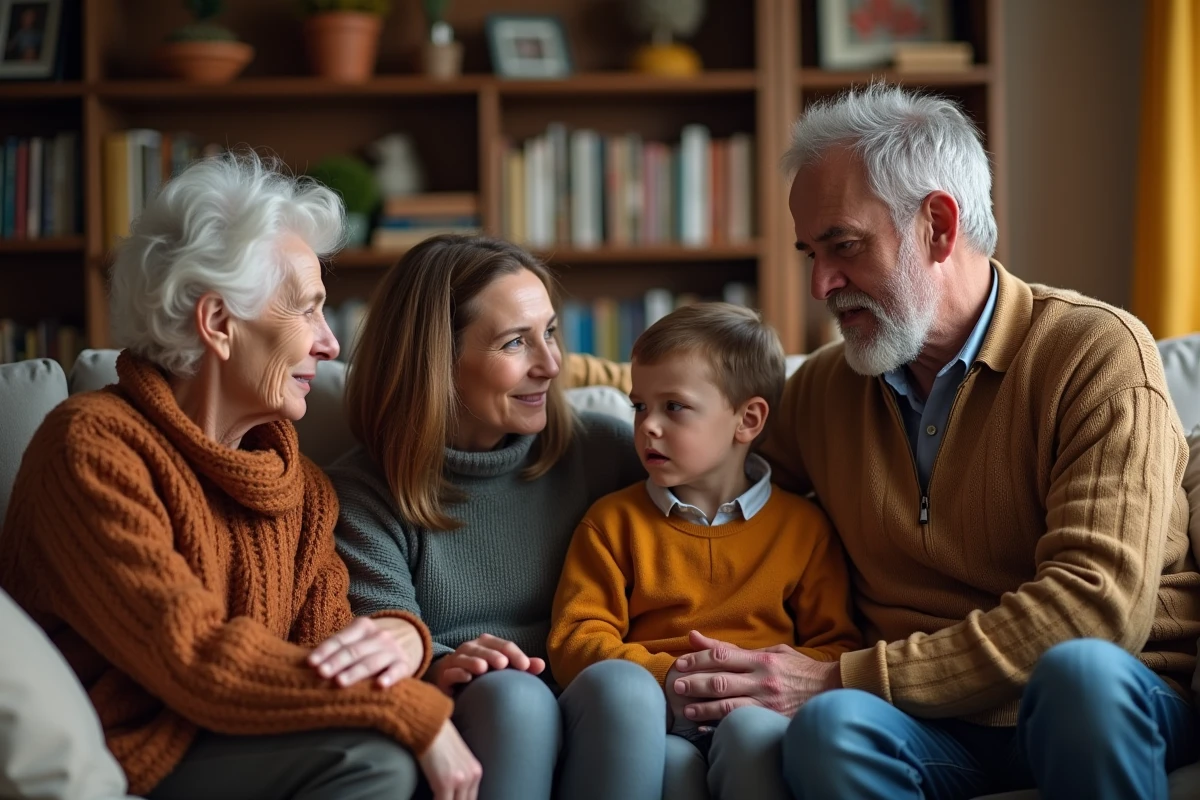 Famille multigenerations dans le salon en automne