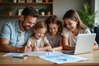 Famille souriante planifiant un voyage à la maison