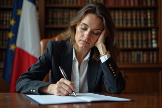 Femme d'affaires lisant des documents juridiques dans un bureau