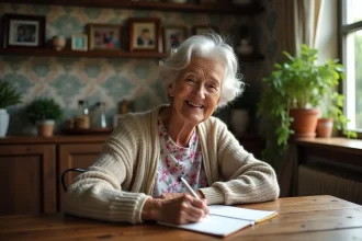 Femme âgée écrivant un poème dans une cuisine chaleureuse