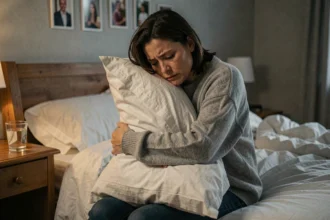 Femme anxieuse assise seule sur un lit, tenant un oreiller, symbolisant l'inquiétude après un rêve de tromperie conjugale