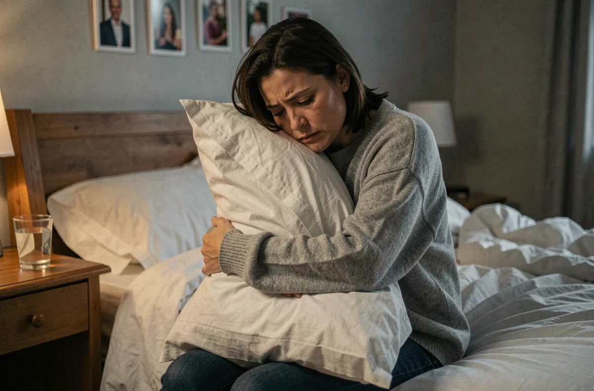 Femme anxieuse assise seule sur un lit, tenant un oreiller, symbolisant l'inquiétude après un rêve de tromperie conjugale