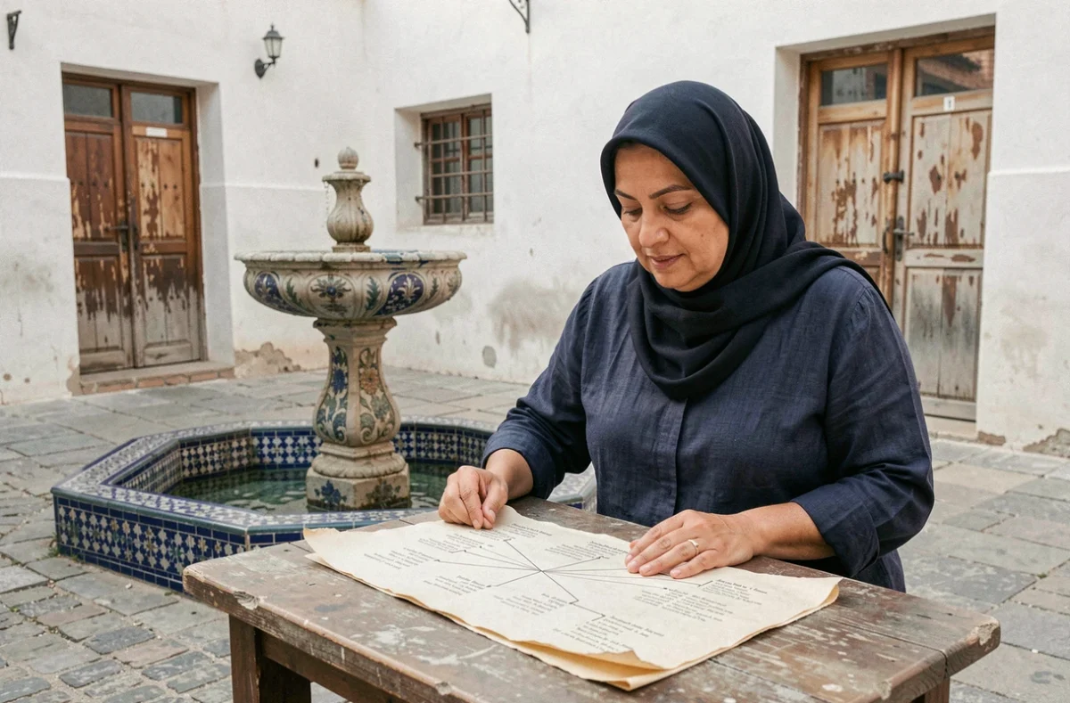 Une femme nord-africaine examine un arbre généalogique traditionnel dans une cour historique de Fès, représentant la recherche des descendants de la famille du Prophète Mohammed
