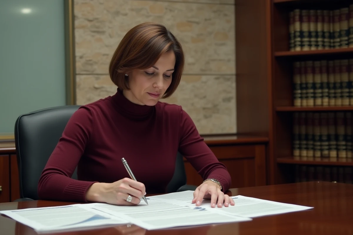 Femme concentrée relisant des documents dans un bureau privé, illustrant la gestion discrète de la vie personnelle et la protection de la sphère privée