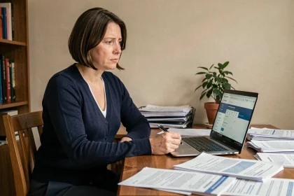 Femme calculant le cumul AAH et allocations chômage sur son ordinateur à domicile