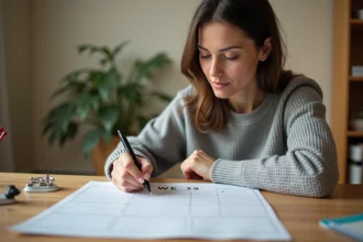 Femme marquant les semaines paires et impaires sur un calendrier imprimé 2026 posé sur un bureau en bois