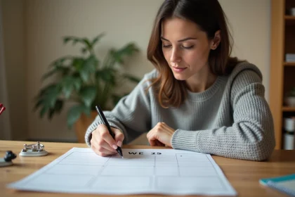 Femme marquant les semaines paires et impaires sur un calendrier imprimé 2026 posé sur un bureau en bois