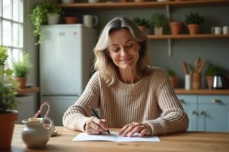 Femme écrivant une carte d anniversaire dans la cuisine chaleureuse