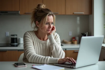 Femme d'&acirc;ge moyen en cuisine tente de se connecter