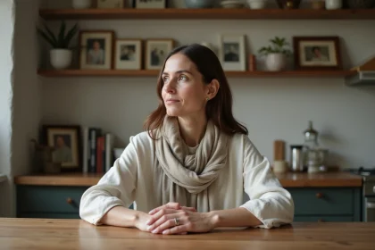 Femme pensante en intérieur avec ambiance chaleureuse