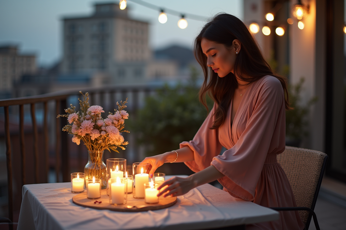 Jeune femme arrangeant des bougies sur une table de balcon urbain