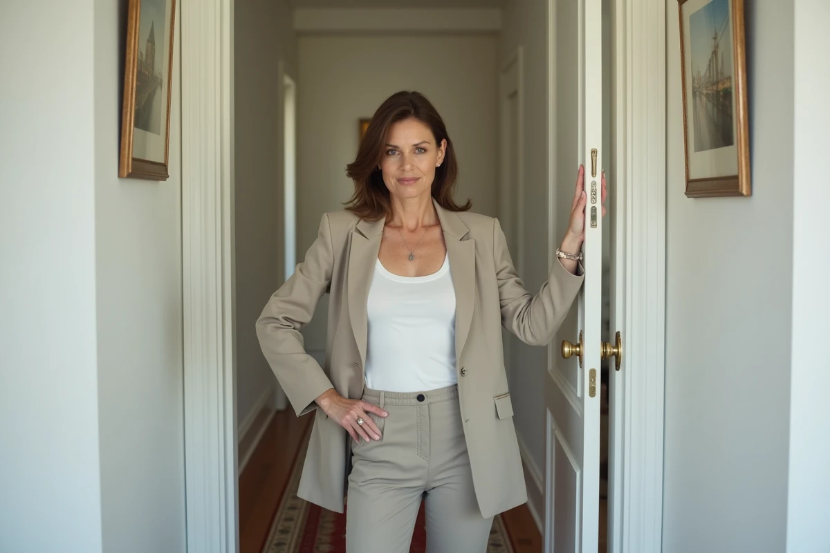 Femme déterminée debout dans un couloir près d'une porte entrouverte, posture assurée symbolisant la décision de poser des limites claires dans une relation