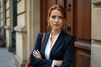 Femme élégante en veste marine devant un immeuble parisien en pierre, illustrant la discrétion et la protection de la vie privée face aux polémiques médiatiques