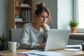 Femme consultant des documents de divorce en ligne sur son ordinateur portable dans un bureau à domicile