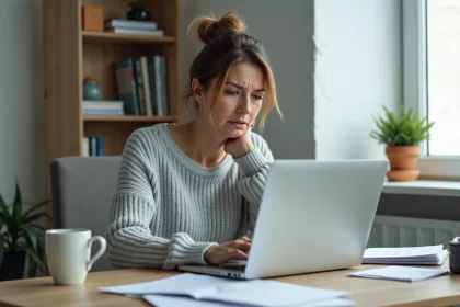 Femme consultant des documents de divorce en ligne sur son ordinateur portable dans un bureau à domicile
