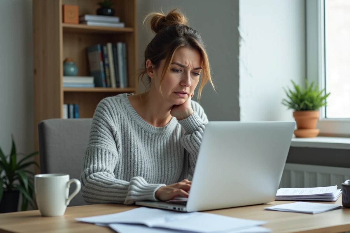 Femme consultant des documents de divorce en ligne sur son ordinateur portable dans un bureau à domicile