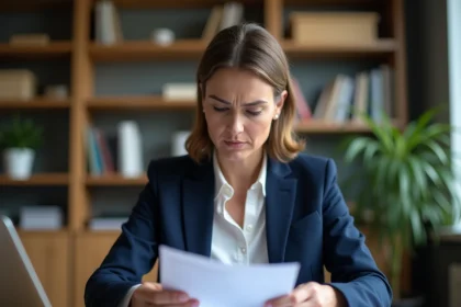 Femme consultant des documents administratifs pour une demande de passeport avec nom d'usage