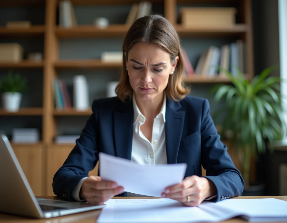 Femme consultant des documents administratifs pour une demande de passeport avec nom d'usage
