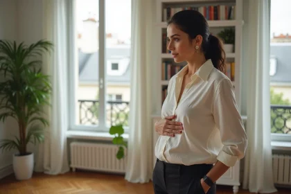 Femme enceinte élégante dans un appartement parisien, main posée sur le ventre, ambiance éditoriale douce
