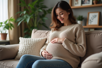 Femme enceinte souriante dans un salon chaleureux