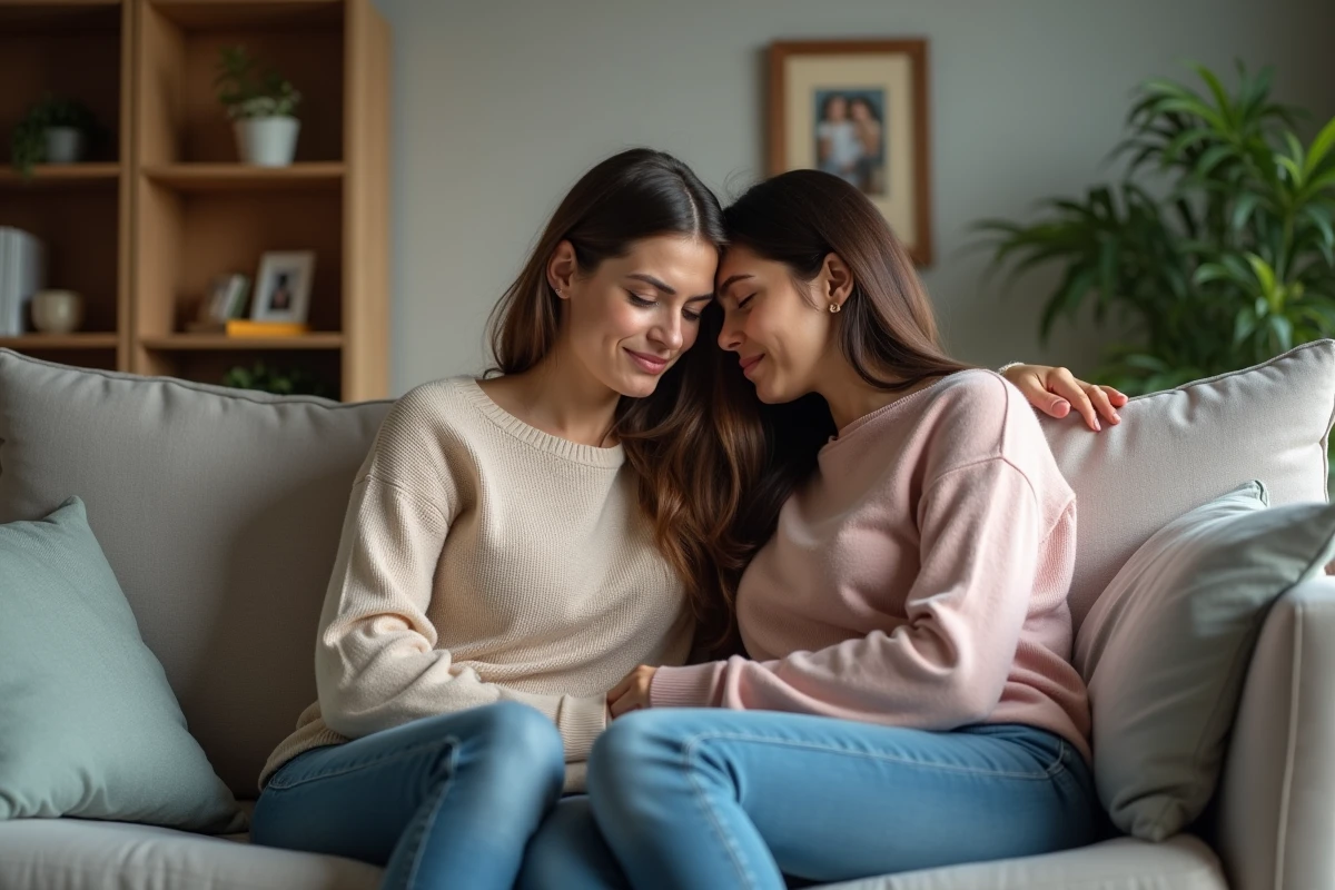 Femme en soutien à une amie en deuil dans un salon chaleureux