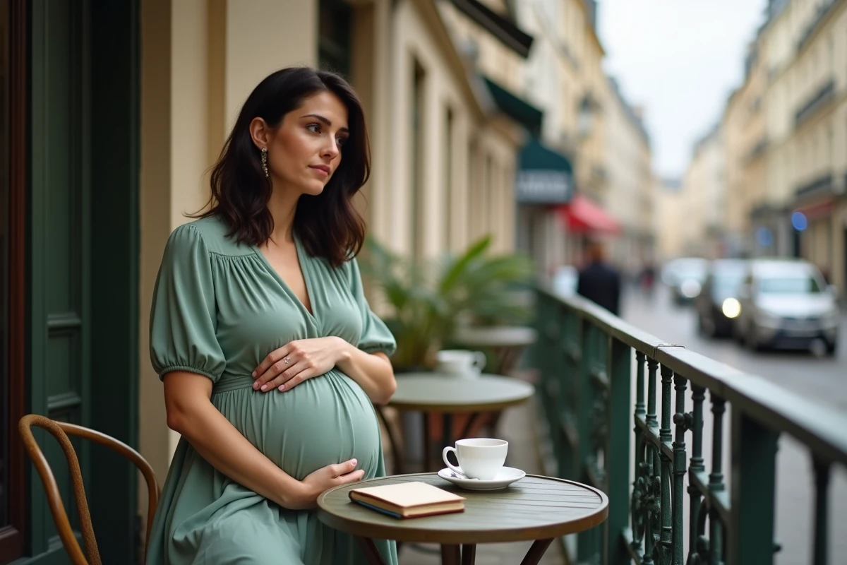 Femme enceinte assise en terrasse parisienne, robe verte sage, regard pensif, style reportage éditorial