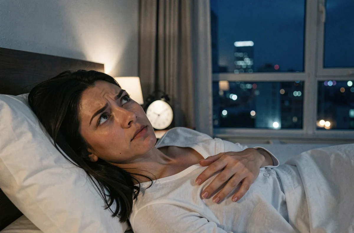 Femme allongée éveillée dans le noir fixant le plafond, illustrant l'insomnie et l'anxiété liée à un rêve de tromperie
