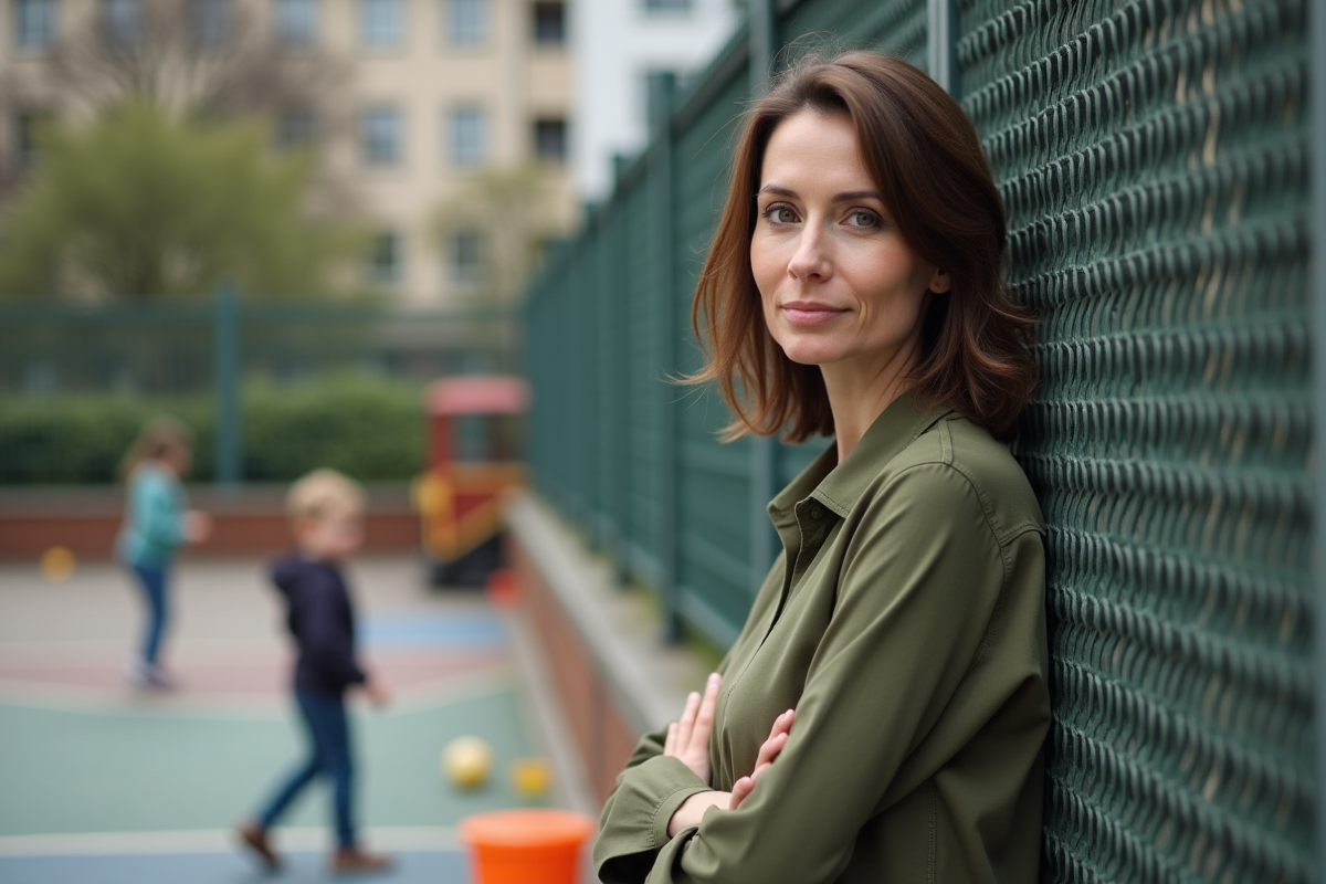 Femme regardant ses enfants jouer dans la cour