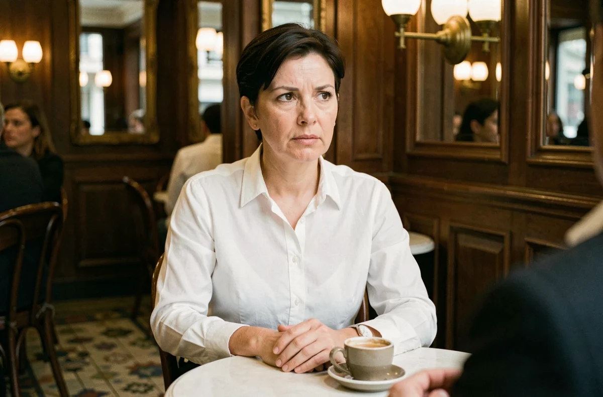 Femme journaliste en chemise blanche en conversation dans une brasserie parisienne avec un café espresso sur la table