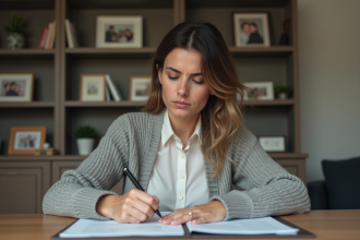 Femme d age moyen remplissant des documents juridiques à la maison
