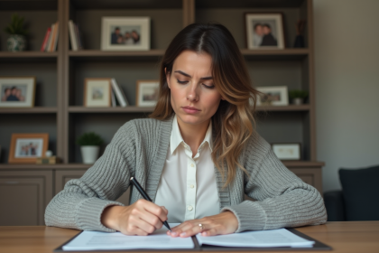 Femme d age moyen remplissant des documents juridiques à la maison