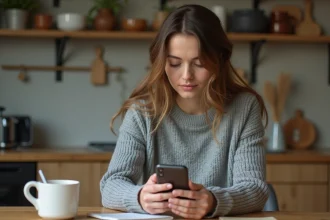 Femme consultant sa liste de souhaits sur smartphone dans une cuisine cosy, illustrant la gestion de listes d'envies personnelles