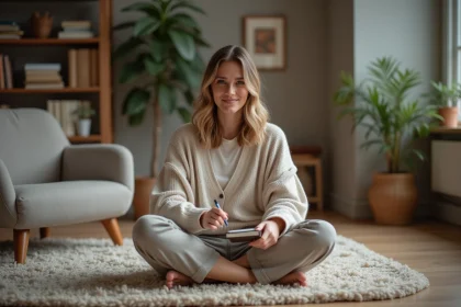 Femme assise sur un sol en bois note dans un carnet