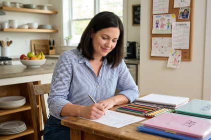 Femme organis&eacute;e pr&eacute;parant la rentr&eacute;e scolaire &agrave; la maison