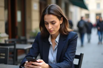 Femme parisienne pensive avec smartphone en terrasse