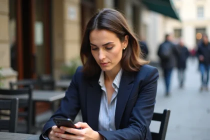 Femme parisienne pensive avec smartphone en terrasse