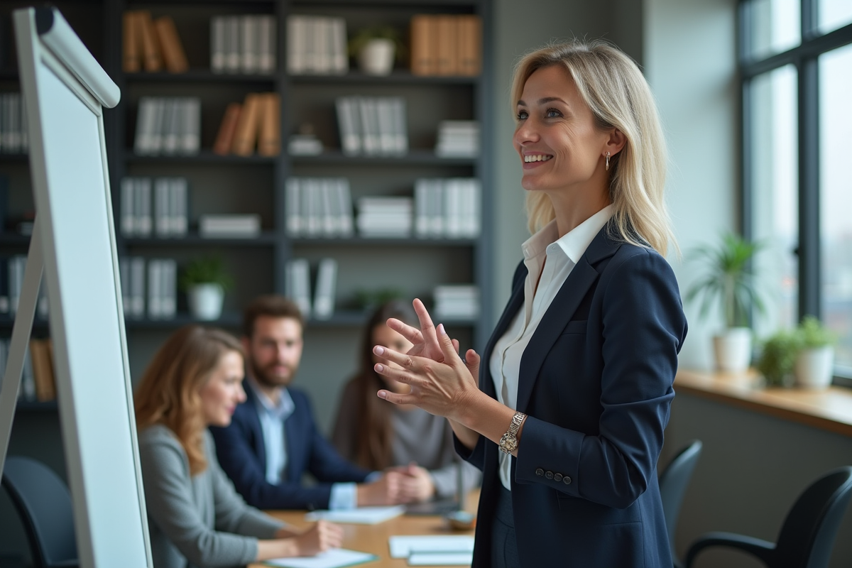 Femme en tenue professionnelle expliquant un projet en réunion