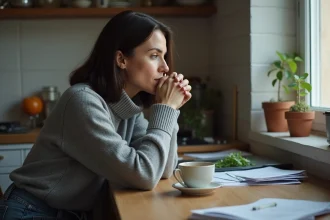 Femme seule à une table de cuisine tenant une tasse, regard pensif vers la fenêtre, reconstruction après une relation difficile avec un conjoint alcoolique