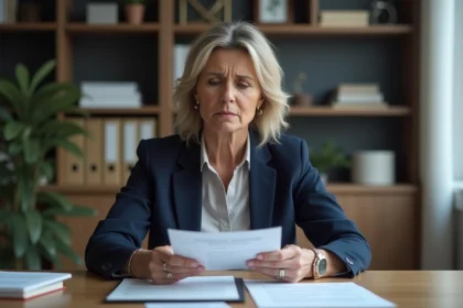 Femme d'âge moyen examine des papiers dans un bureau moderne
