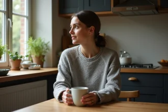 Femme seule à une table de cuisine tenant une tasse, regard pensif vers la fenêtre, illustrant l'isolement émotionnel après une dispute de couple