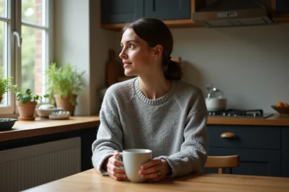 Femme seule à une table de cuisine tenant une tasse, regard pensif vers la fenêtre, illustrant l'isolement émotionnel après une dispute de couple