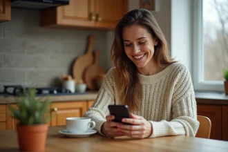 Femme souriante qui envoie un SMS d'anniversaire depuis sa cuisine avec son smartphone